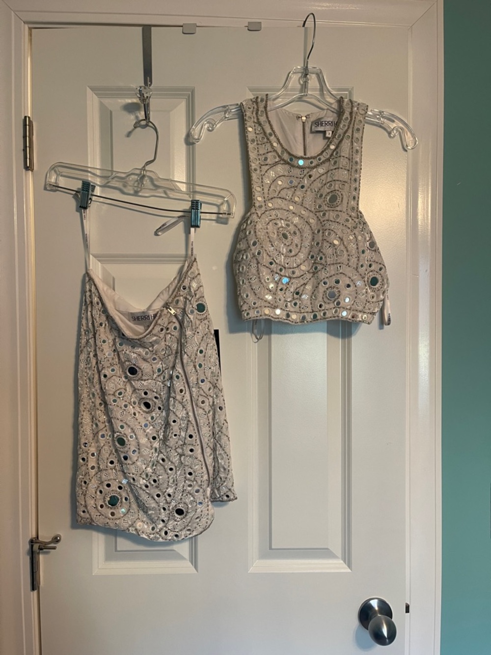 Sherri Hill White Mirrored Beaded Crop Top and Skirt Set